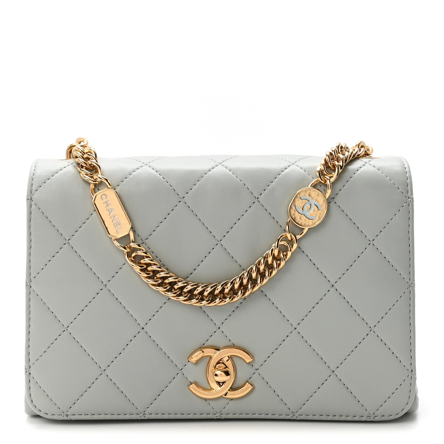 Calfskin Quilted Enamel Chain Flap Grey