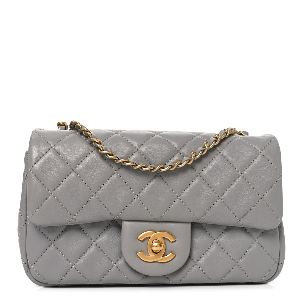 Lambskin Quilted Mini Rectangular Pearl Crush Flap Grey