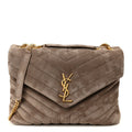 Suede Y Quilted Monogram Medium Loulou Chain Satchel Taupe