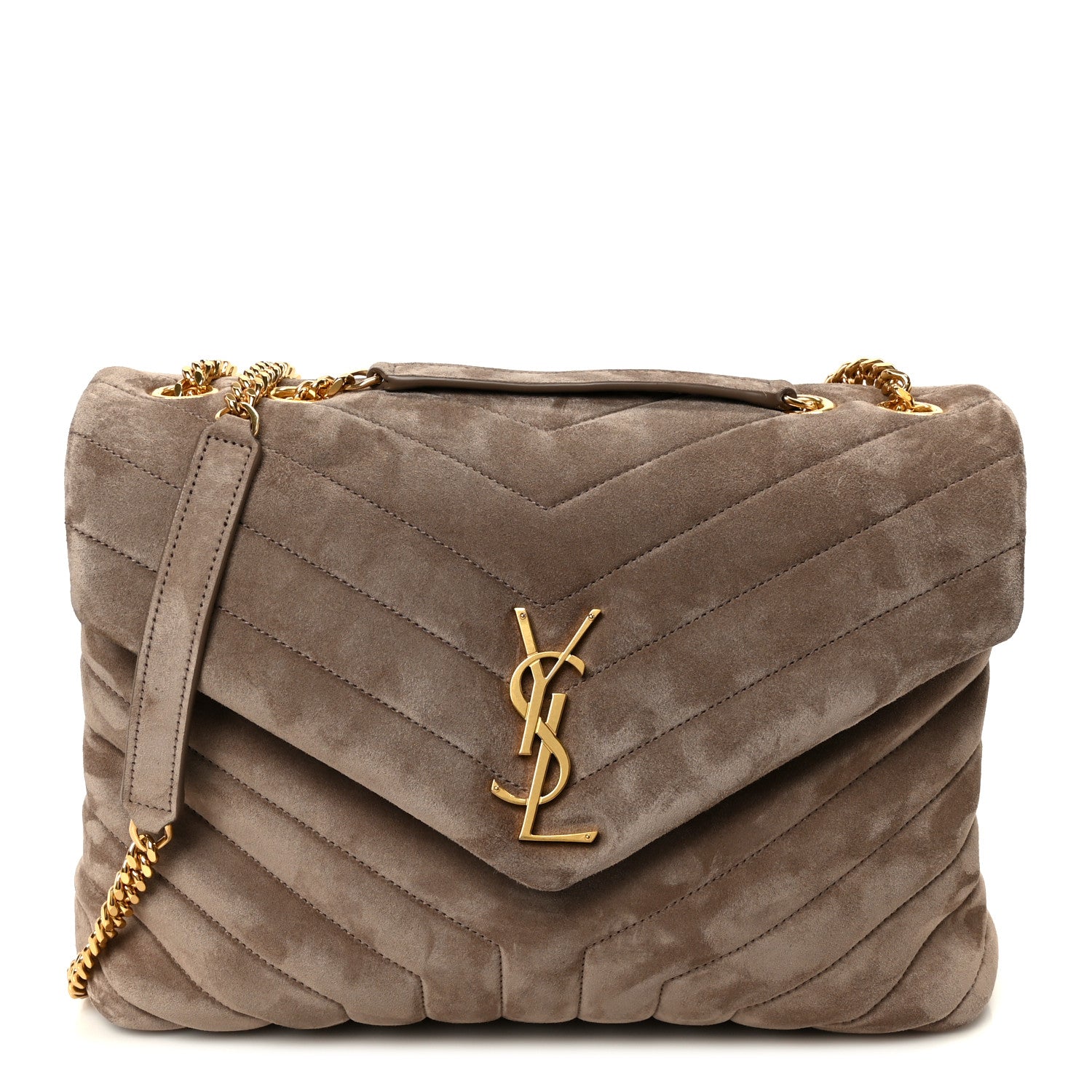 Suede Y Quilted Monogram Medium Loulou Chain Satchel Taupe