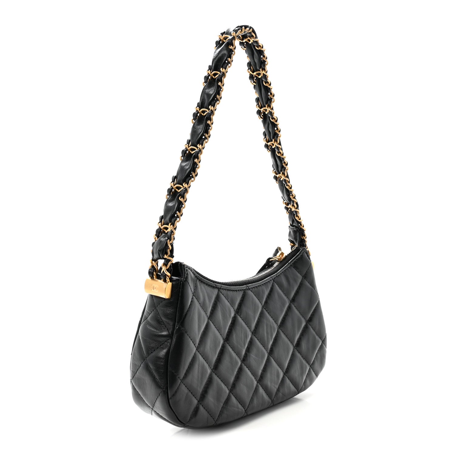 Crumpled Calfskin Quilted Braided CC Small Hobo Black