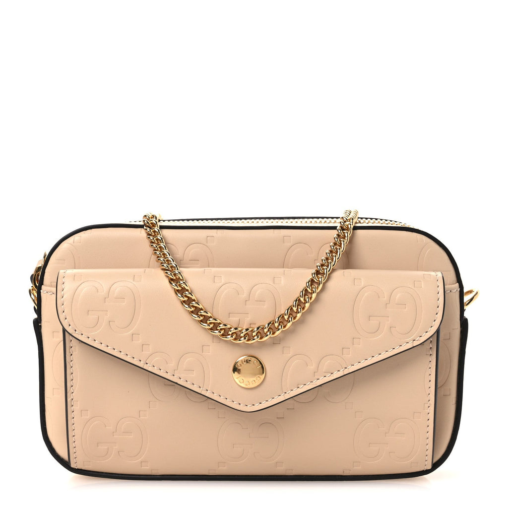 Calfskin GG Super Mini Debossed Chain Wallet Light Beige