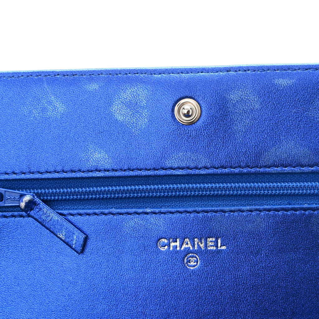 Metallic Patent Calfskin Quilted Boy Wallet on Chain WOC Blue
