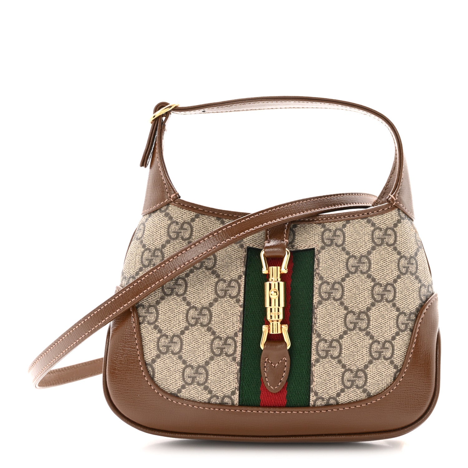 GG Supreme Monogram Azalea Calfskin Web Mini Jackie 1961 Hobo Beige Ebony Brown Sugar