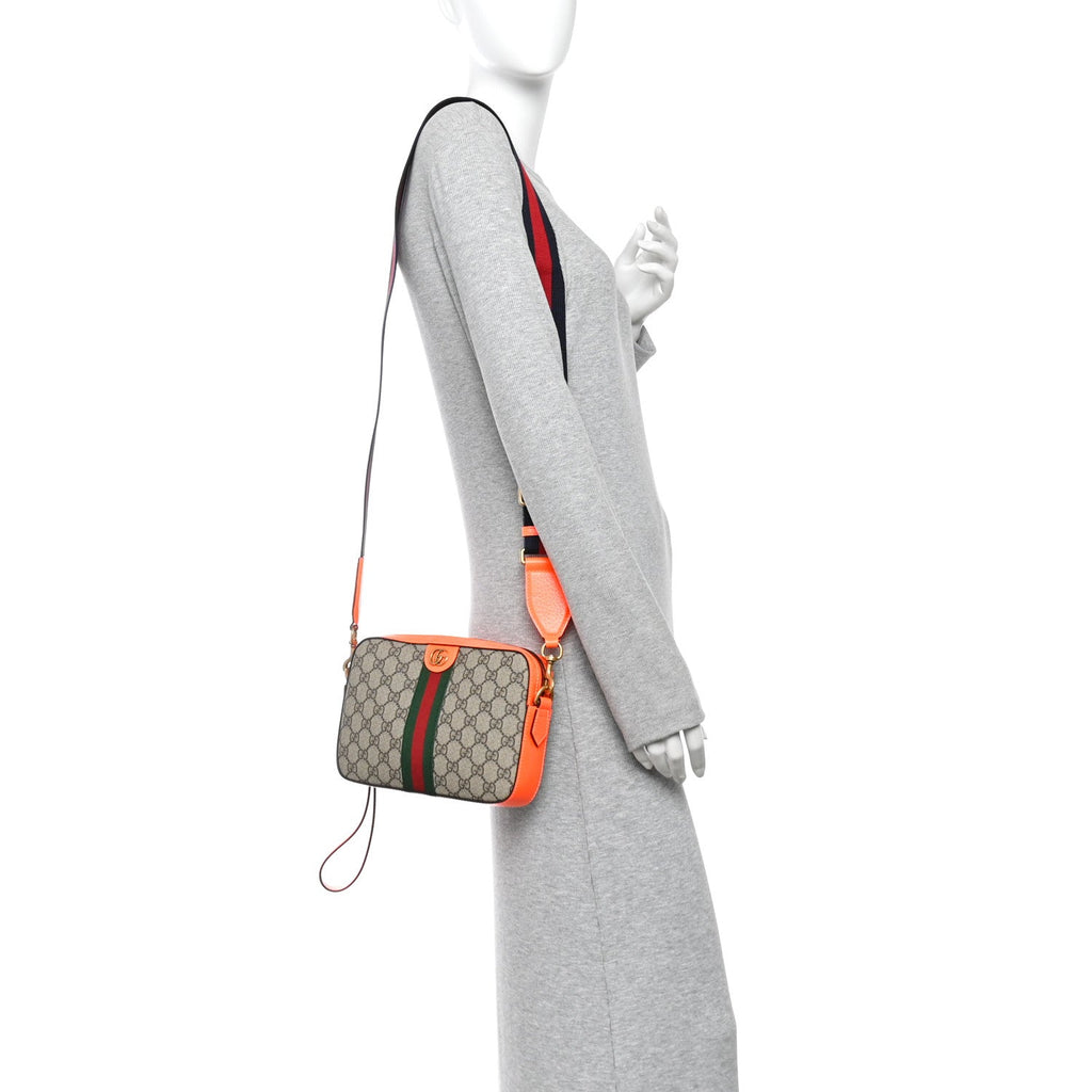 GG Supreme Monogram Textured Dollar Calfskin Web Ophidia Wristlet Shoulder Bag Beige Ebony Orange