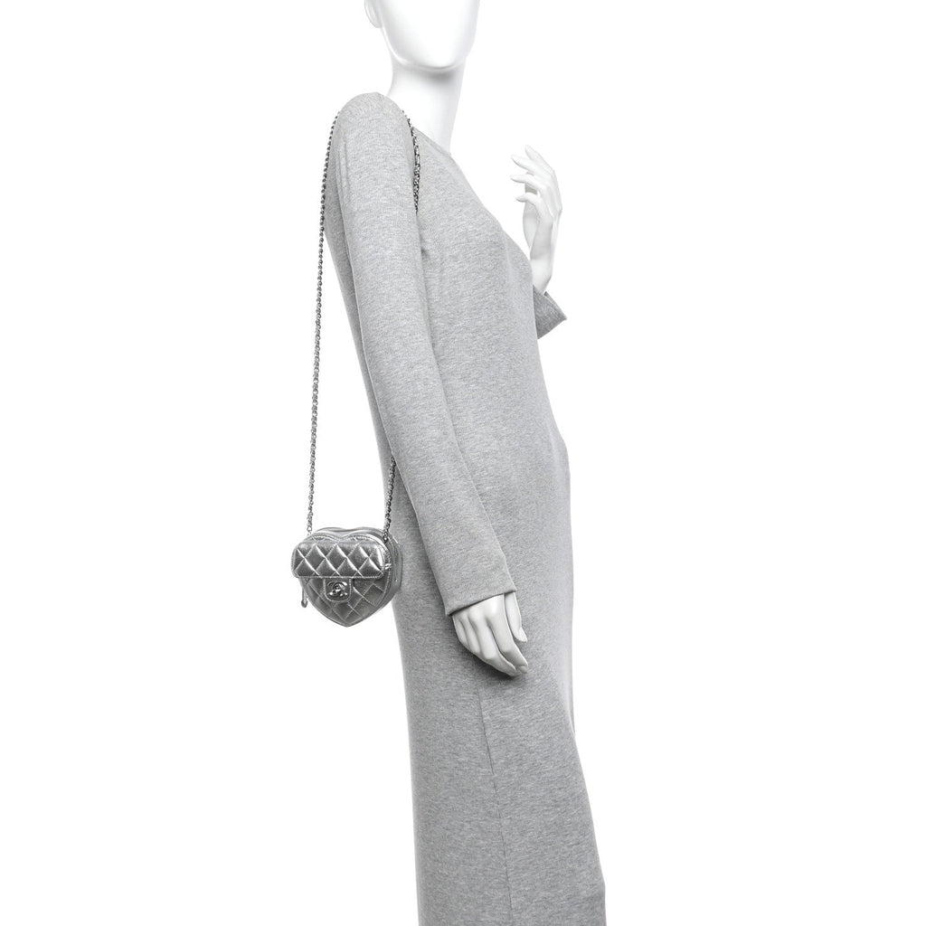 Metallic Lambskin Quilted CC In Love Heart Clutch With Chain Silver