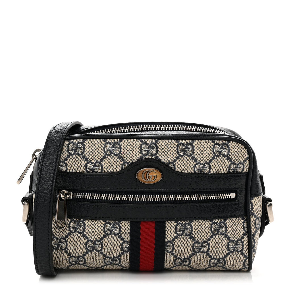GG Supreme Monogram Textured Dollar Calfskin Web Mini Ophidia Shoulder Bag Beige Blue