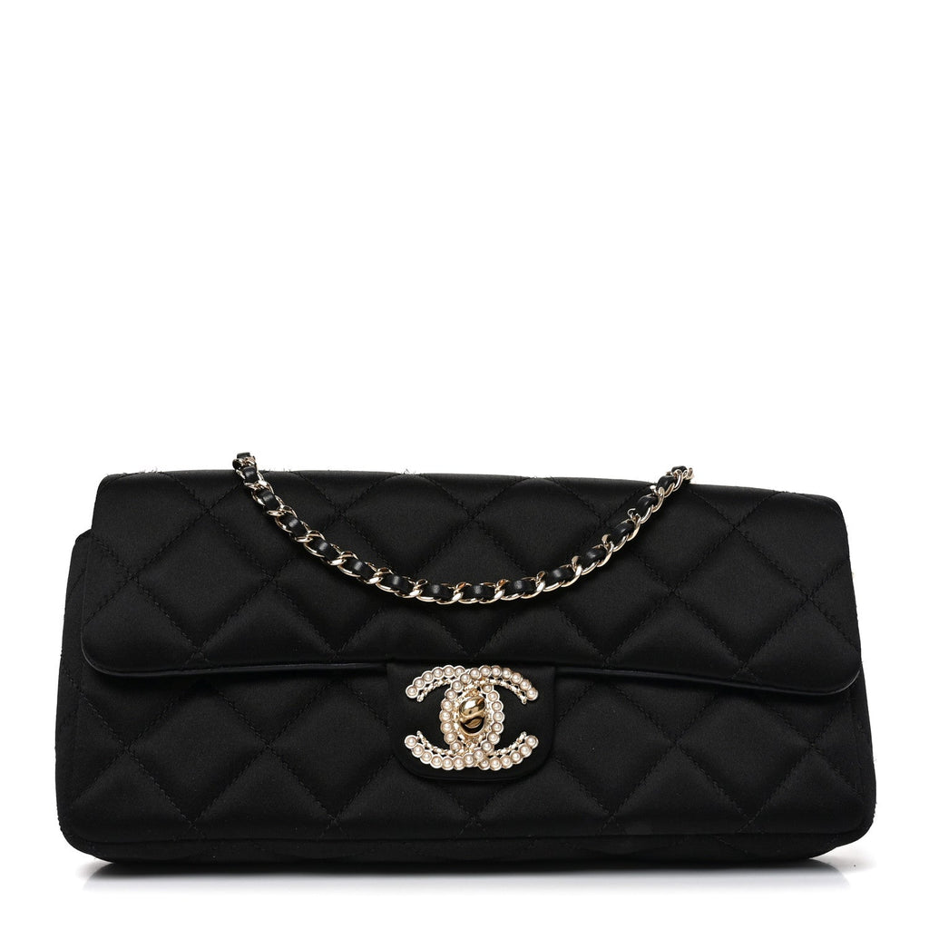 Satin Quilted Pearl CC Flap Clutch Black