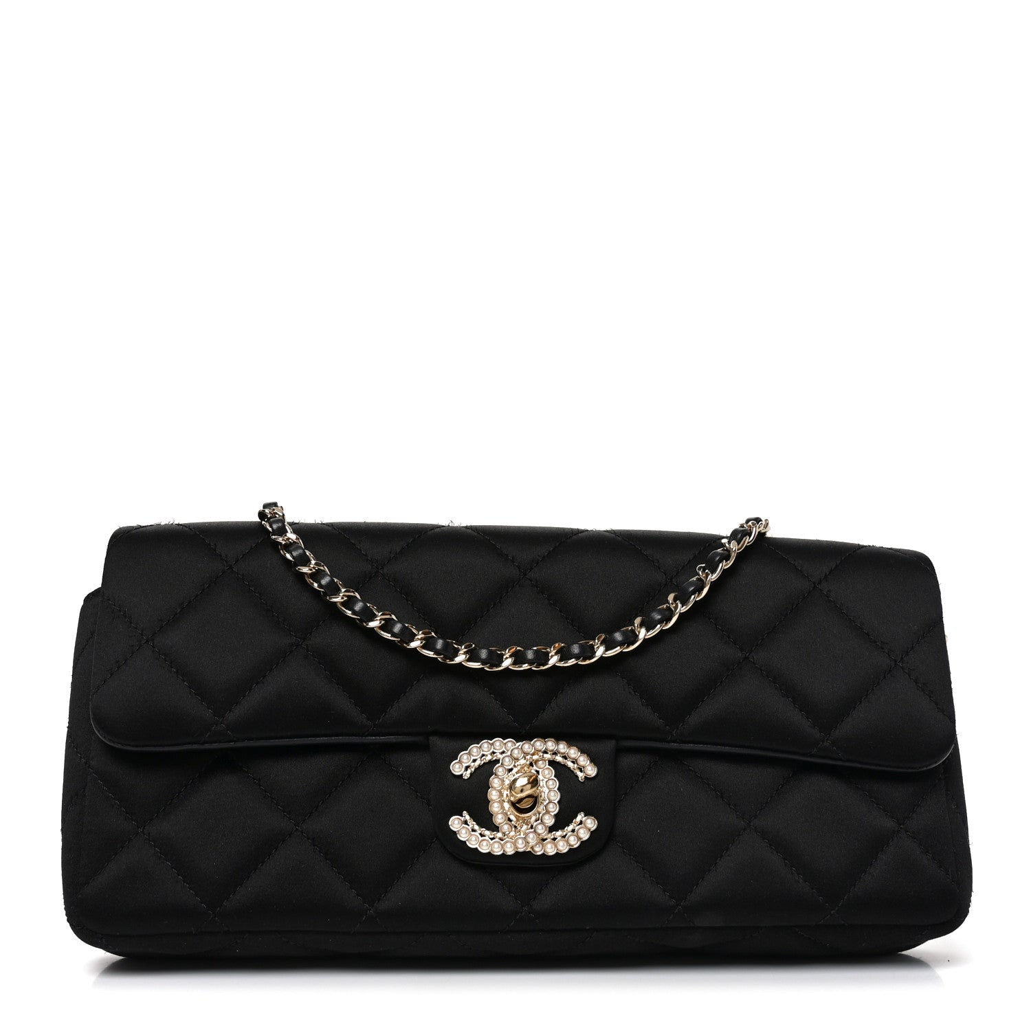 Satin Quilted Pearl CC Flap Clutch Black