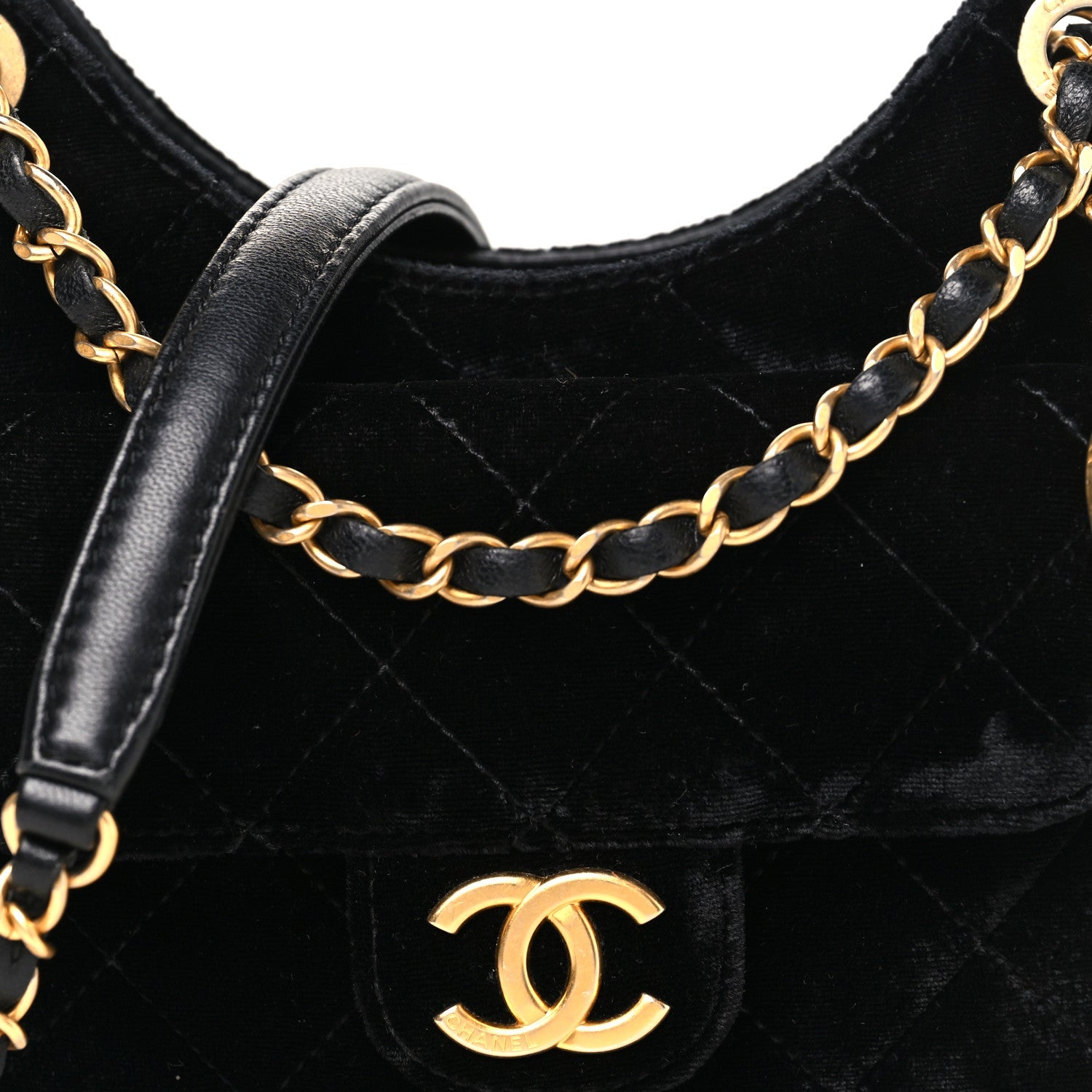 Velvet Quilted Small Wavy CC Hobo Black