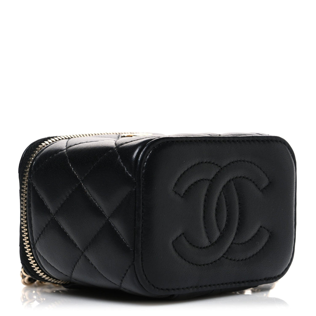 Lambskin Quilted Top Handle Mini Vanity Case With Chain Black