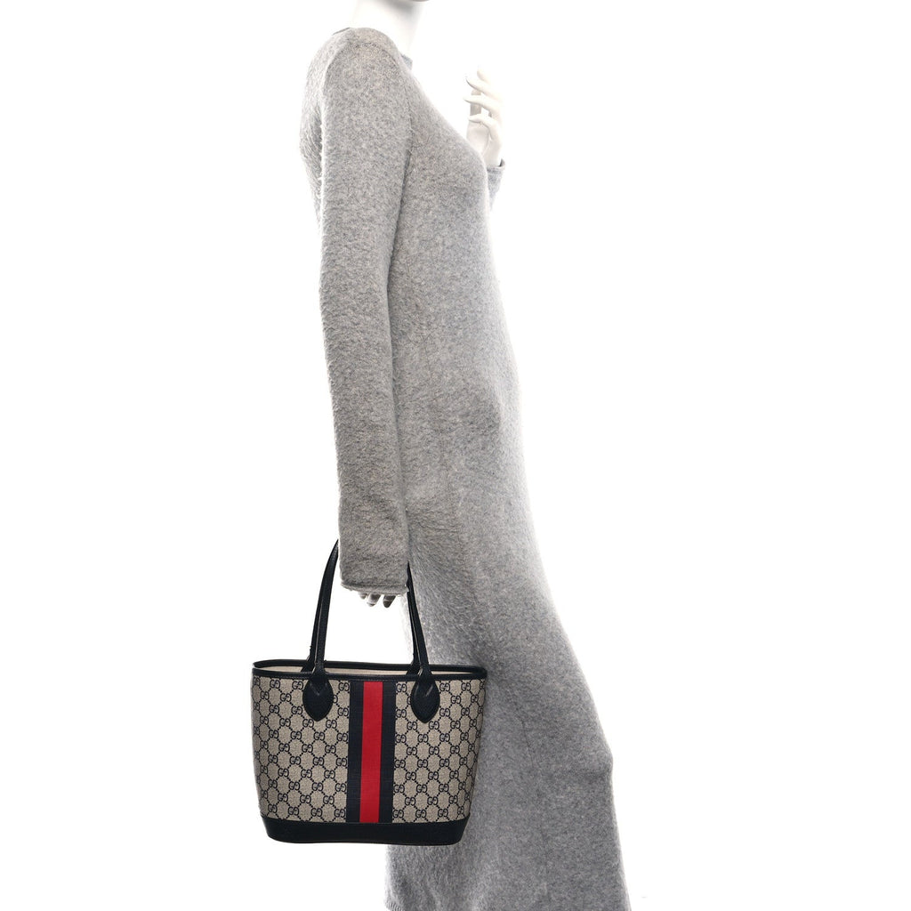 GG Supreme Monogram Textured Dollar Calfskin Web Small Ophidia Tote Beige Blue