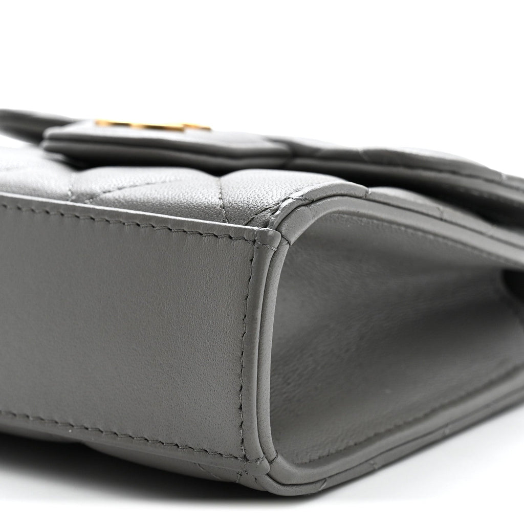 Lambskin Quilted Metal Top Handle Flap Clutch With Chain Grey