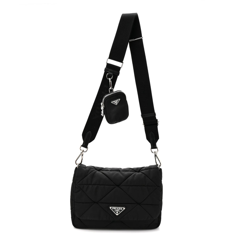 Re-Nylon Quilted Padded Flap Shoulder Bag Black