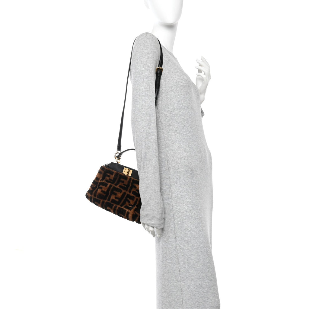 Shearling Nappa Macro FF 1974 Mini Peekaboo Iconic Satchel Tobacco Black