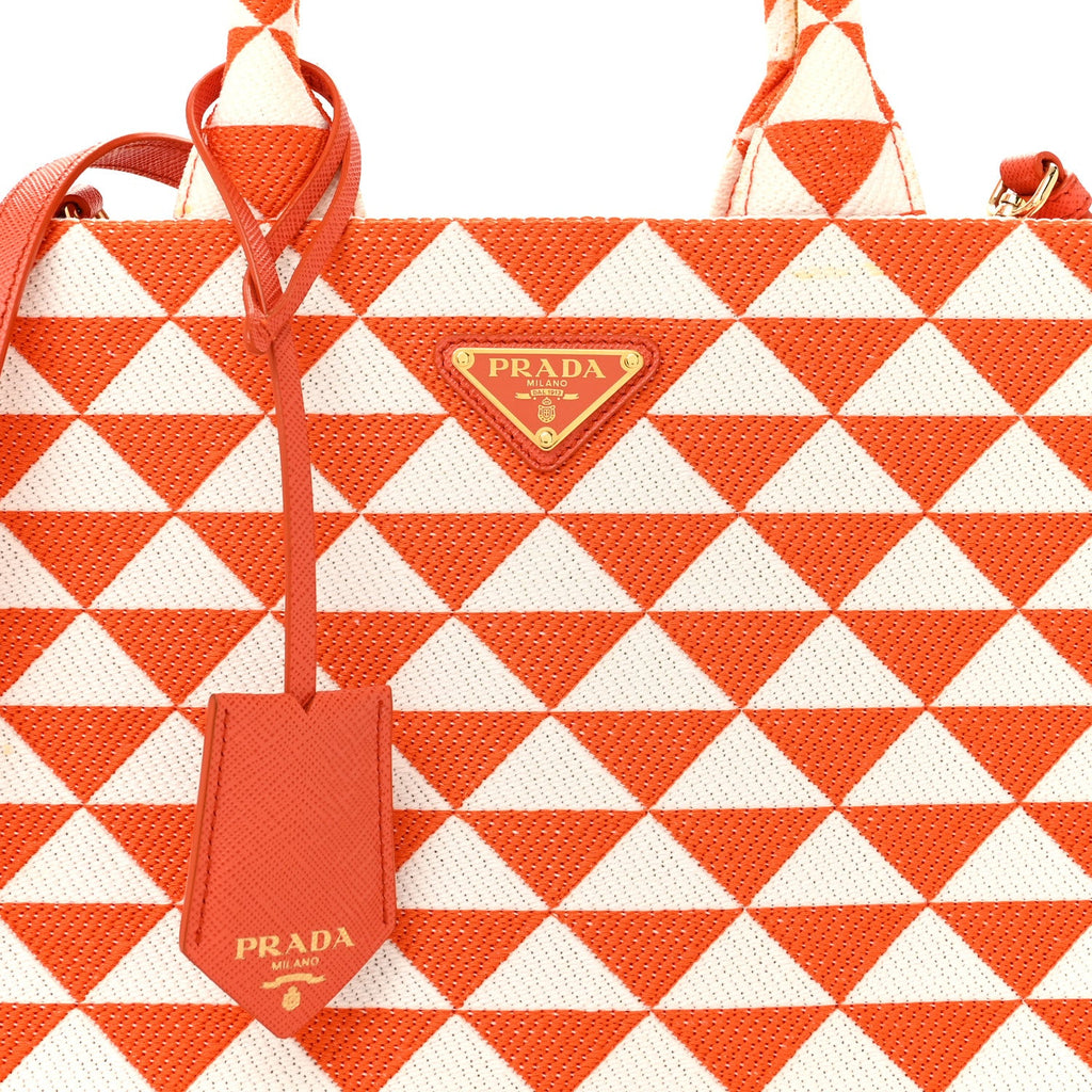 Jacquard Saffiano Triangolo Symbole Embroidered Small Tote Arancio White
