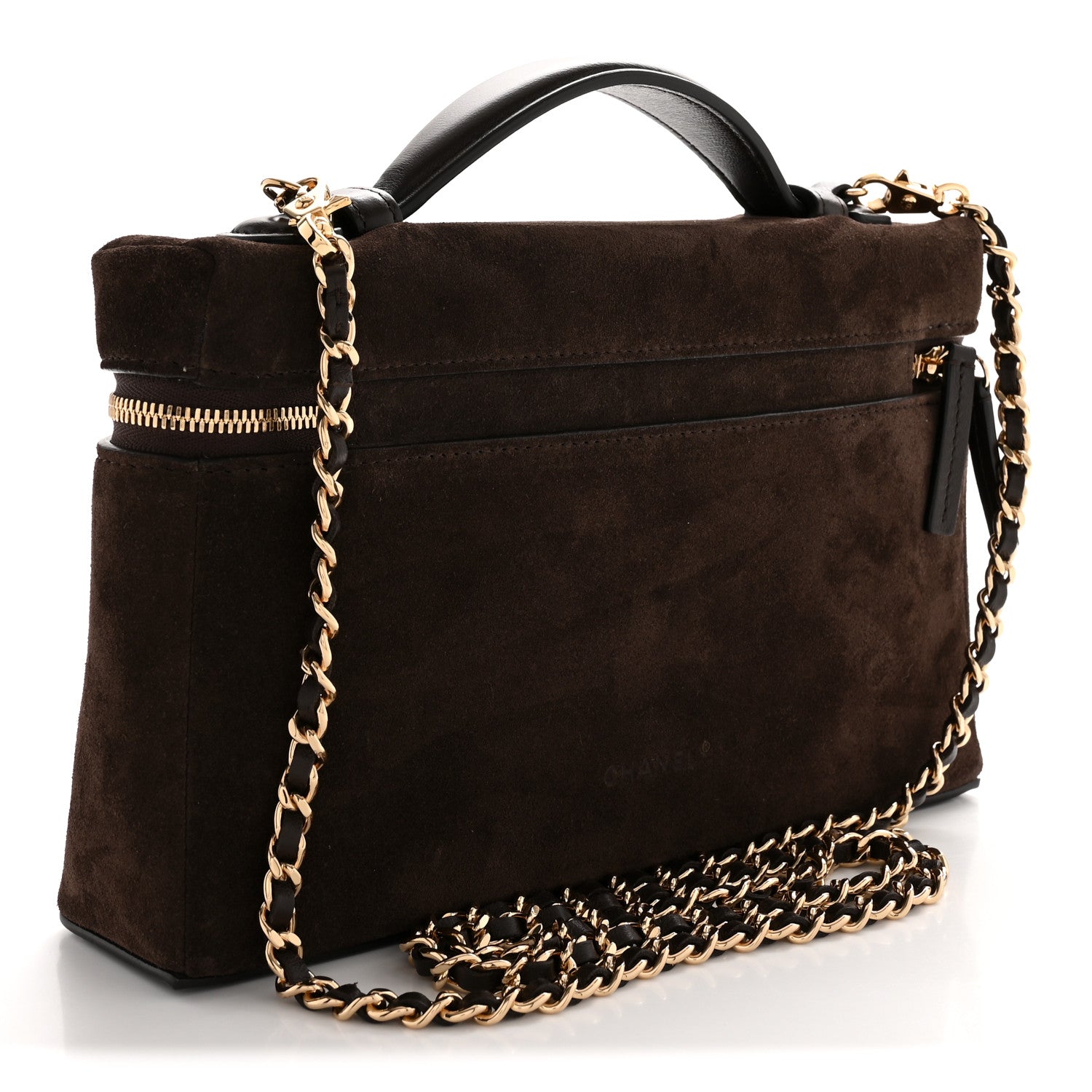 Suede Calfskin Large Top Handle Slim Vanity With Chain Dark Brown