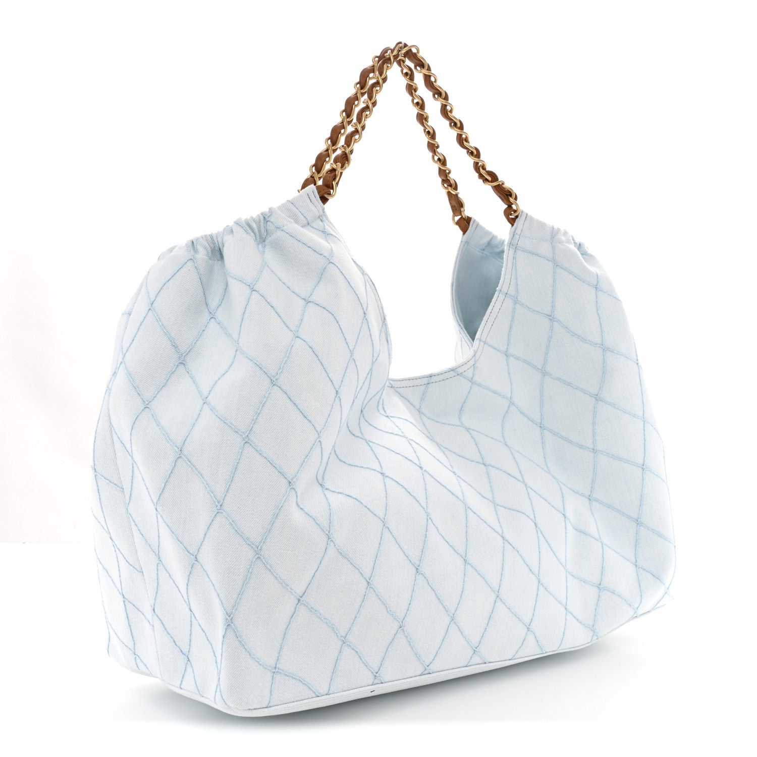 Denim Calfskin Quilted Coco Beach Small Shopping Tote Light Blue Brown
