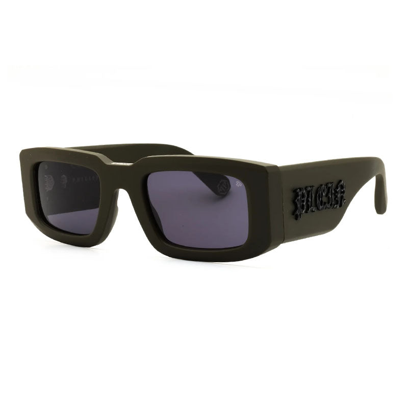 Philipp Plein Sunglasses Rectangle Full Rim, Matte Grey Frame and Grey Lens SPP1490L46