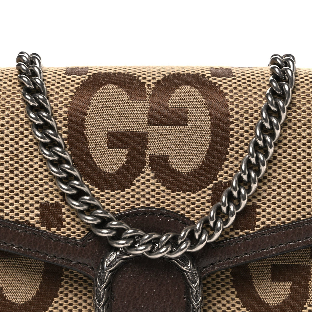 Monogram Jumbo GG Textured Dollar Calfskin Mini Dionysus Chain Wallet Camel Ebony New Acero