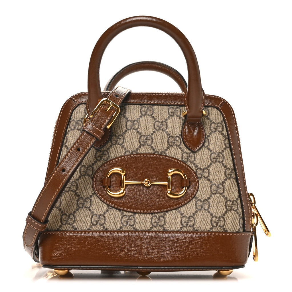 GG Supreme Monogram Azalea Calfskin Mini Horsebit 1955 Top Handle Bag Beige Ebony Brown Sugar