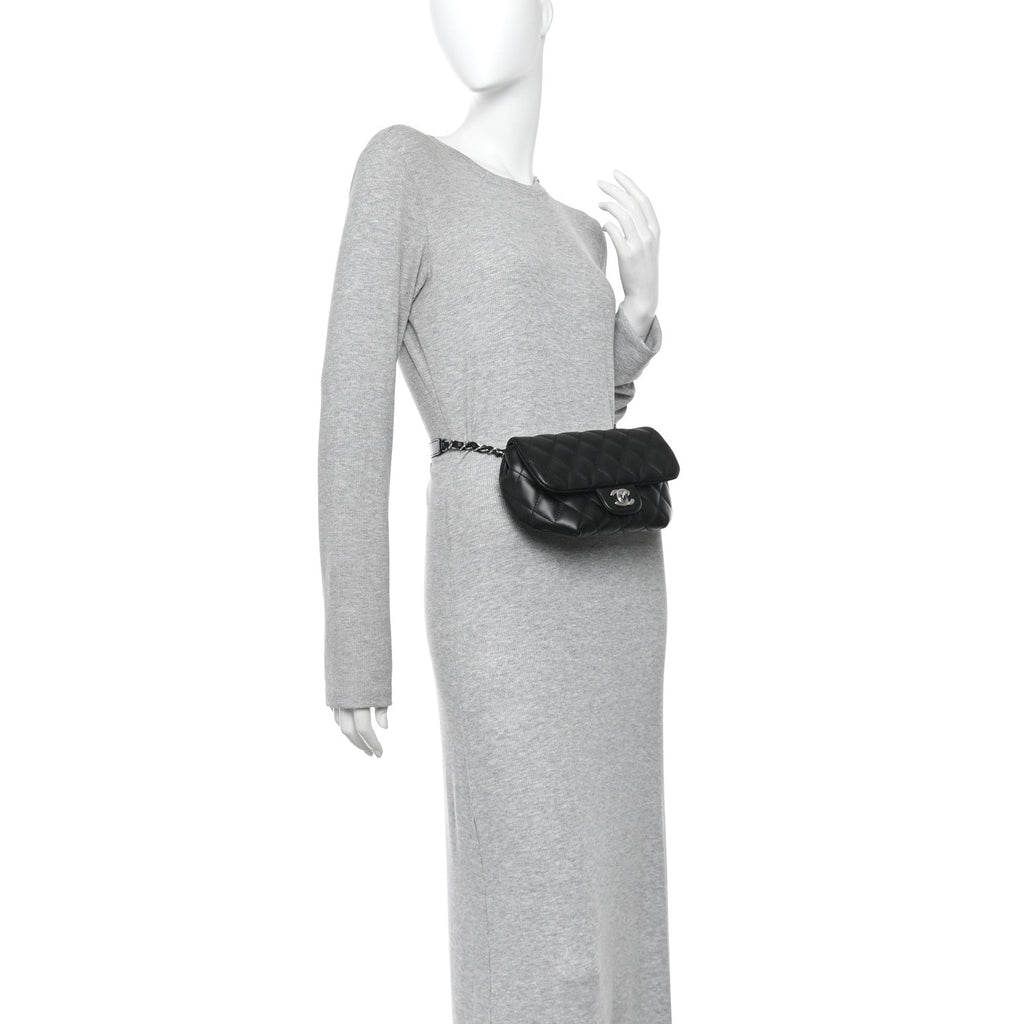 Calfskin Quilted CC Uniform Flap Belt Bag Black