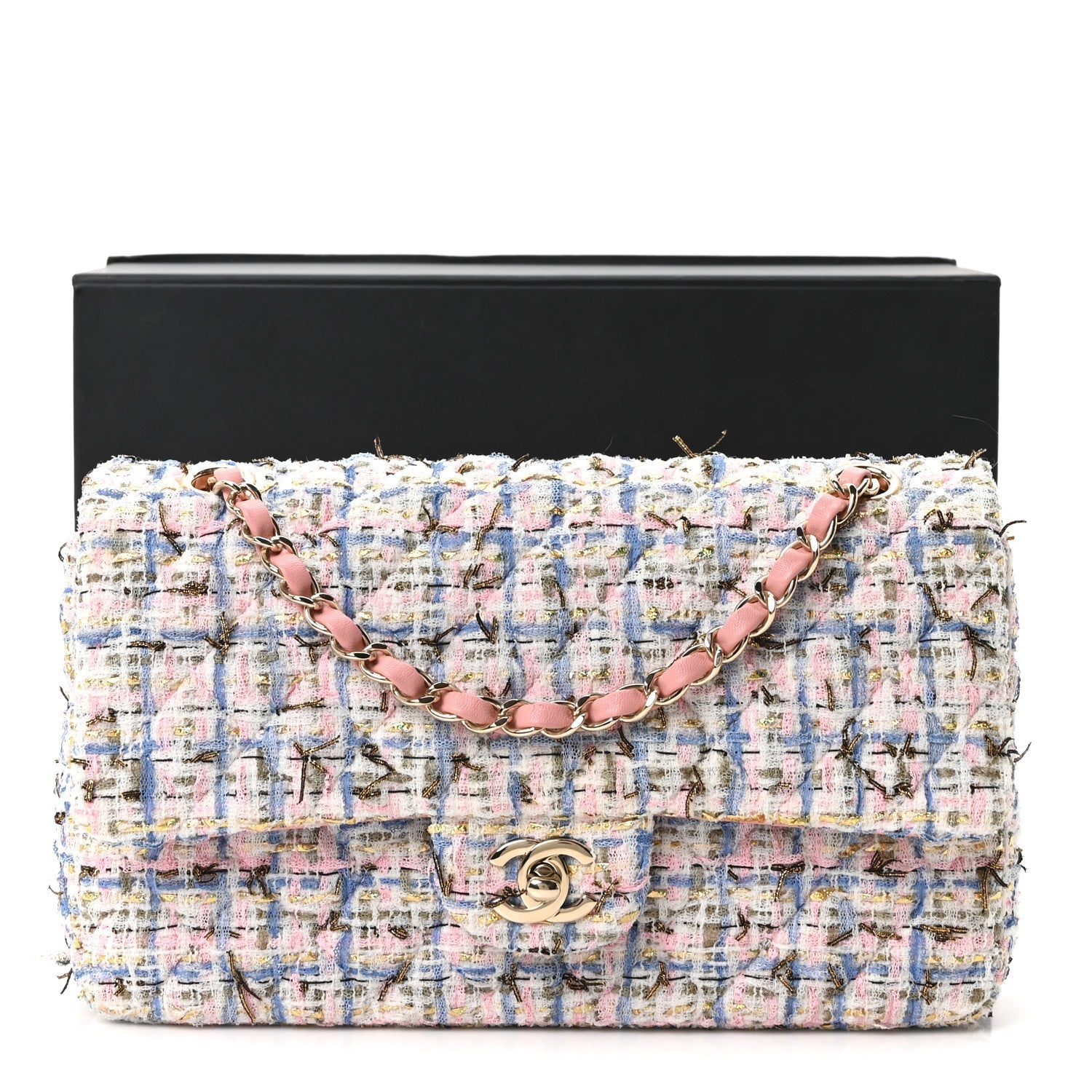 Tweed Quilted Medium Double Flap Blue Pink Gold White