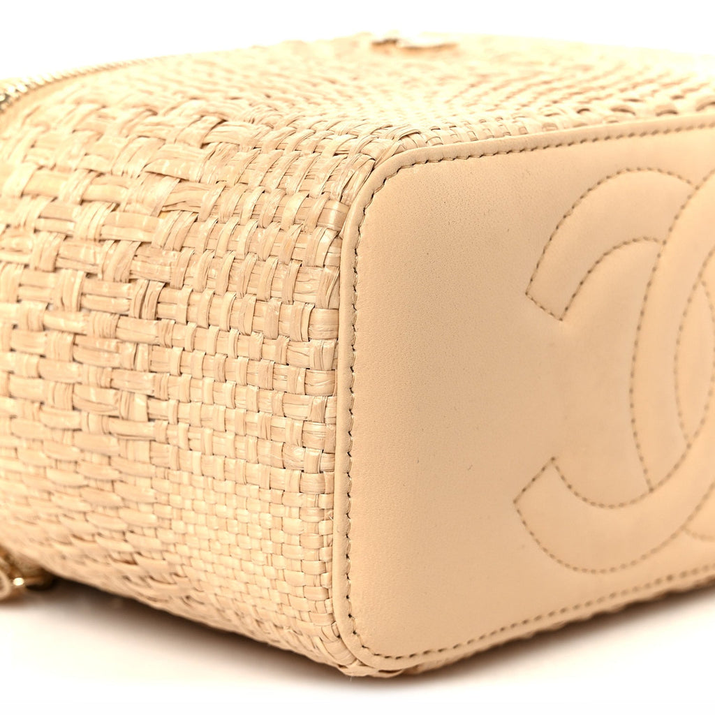 Braided Raffia Quilted Top Handle Slim Vanity Case With Chain Beige