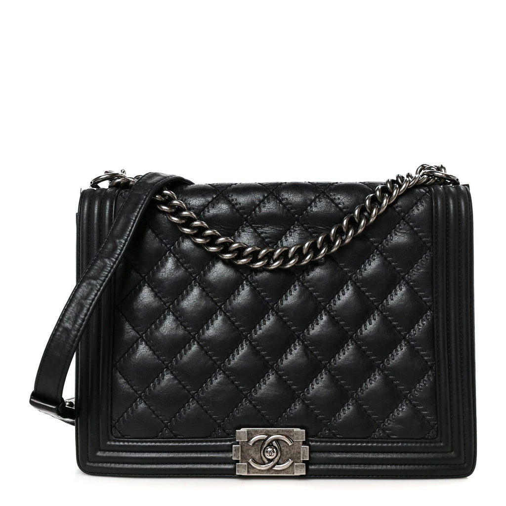 Calfskin Quilted Double Stitch New Medium Boy Flap Black