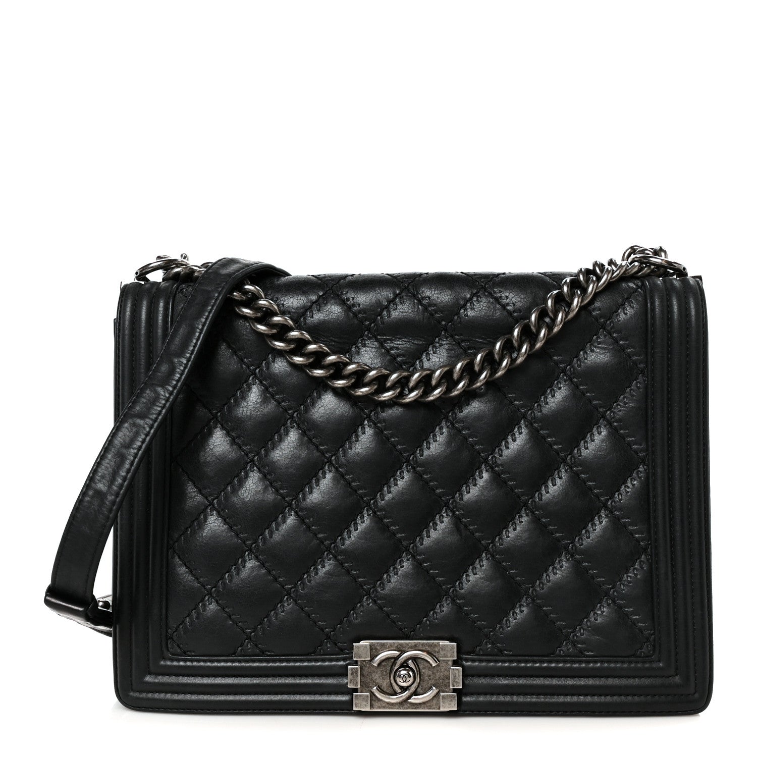 Calfskin Quilted Double Stitch New Medium Boy Flap Black