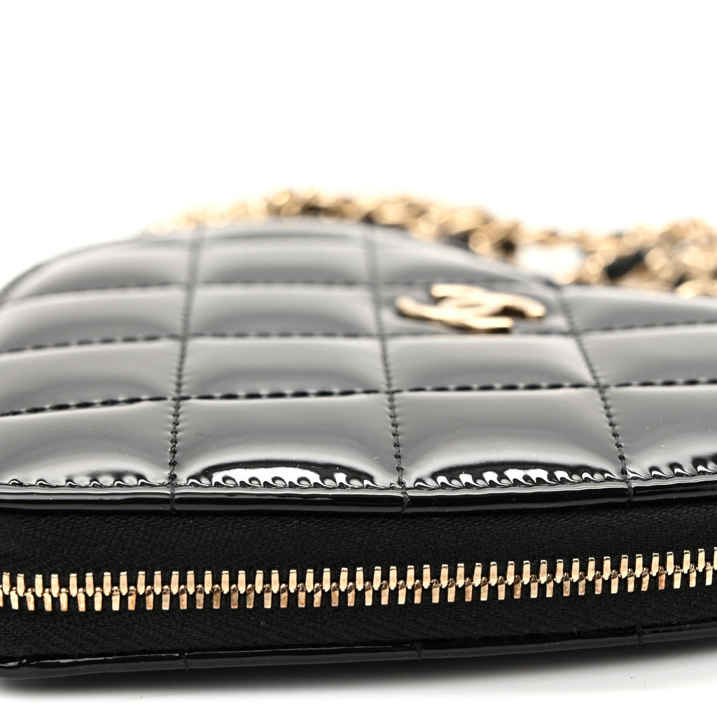 Patent Calfskin Resin Quilted CC Heart Clutch With Chain Black