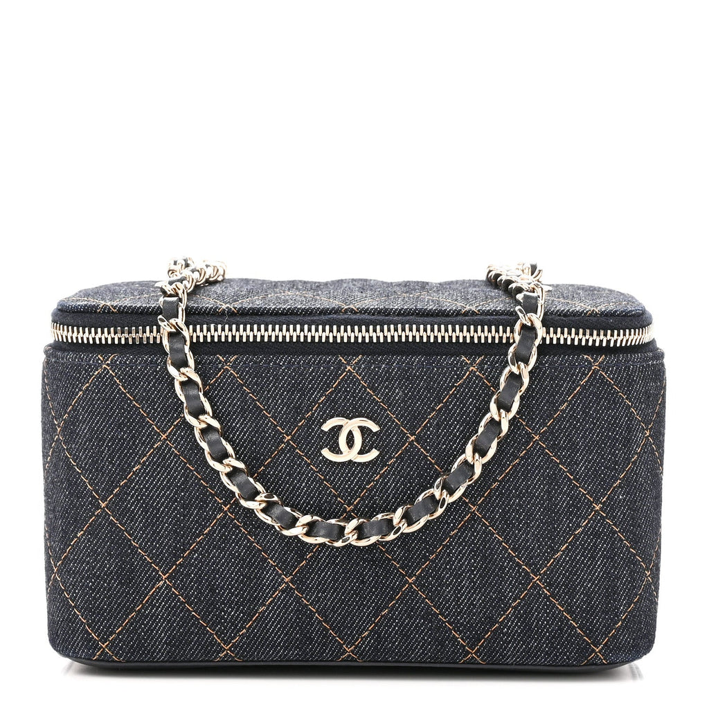 Denim Quilted Small Vanity Case With Chain Dark Blue Orange