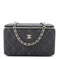 Denim Quilted Small Vanity Case With Chain Dark Blue Orange
