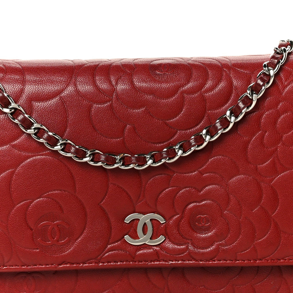 Lambskin Camellia Embossed Wallet on Chain WOC Red