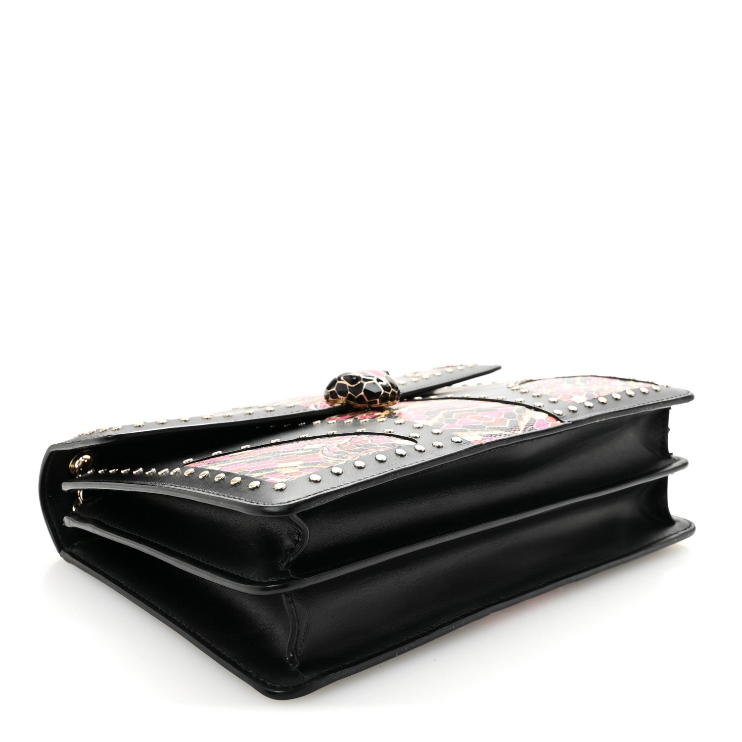 Calfskin Karung Studded Serpenti Forever Shoulder Bag Black Pink Multicolor