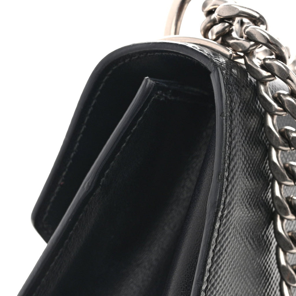 Saffiano Cuir Calfskin Monochrome Envelope Flap Chain Shoulder Bag Black