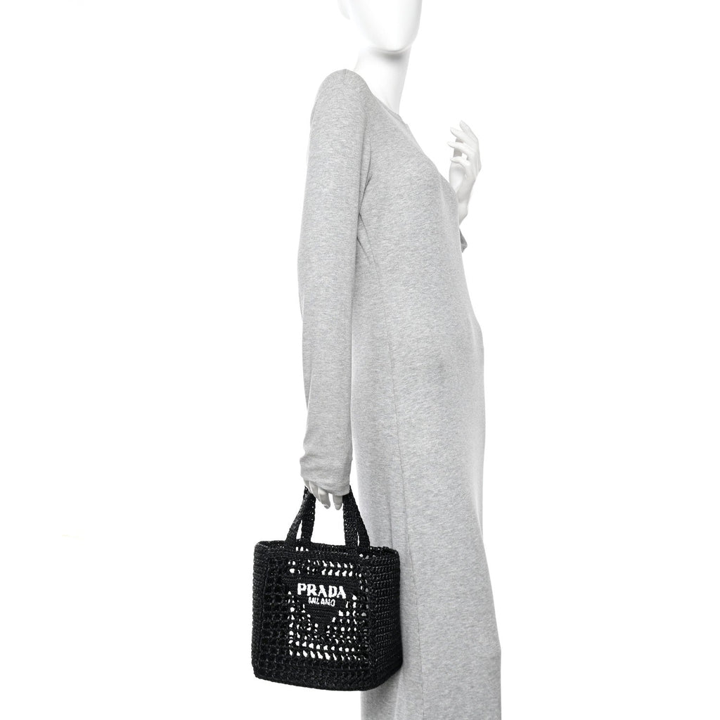 Yarn Raffia Effect Crochet Logo Embroidered Small Tote Bag Black