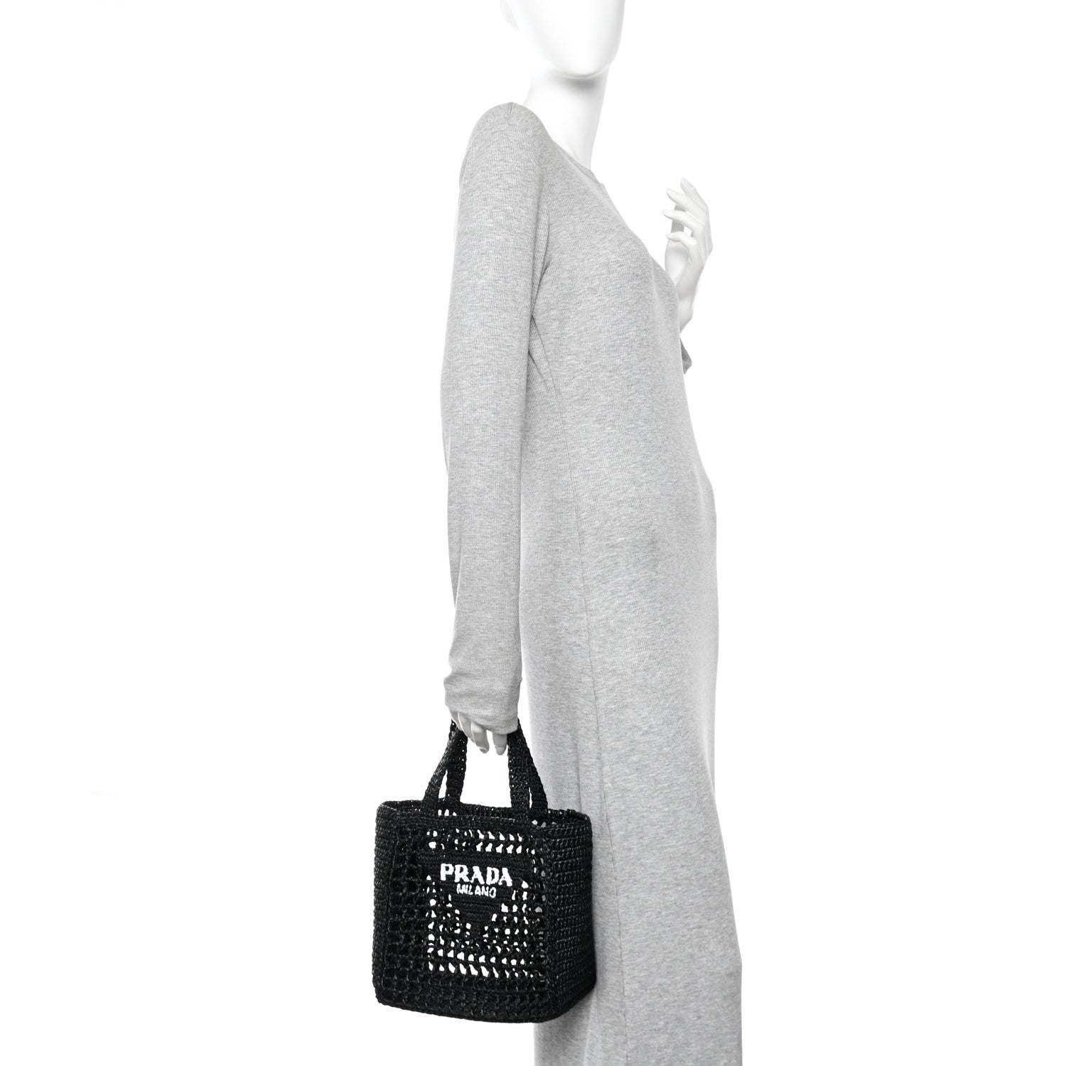 Yarn Raffia Effect Crochet Logo Embroidered Small Tote Bag Black