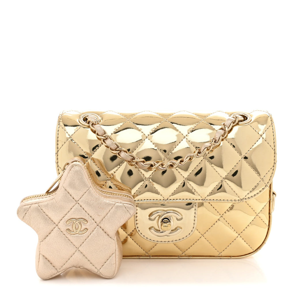 Mirror Calfskin Metallic Calfskin Quilted Hollywood Boulevard Mini Flap With Star Coin Purse Gold