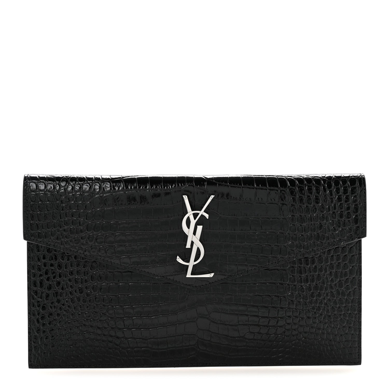 Calfskin Crocodile Embossed Uptown Monogram Clutch Black