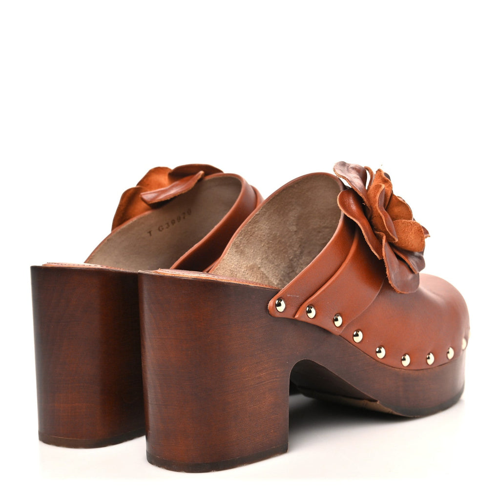Calfskin Camellia Clogs 38  Brown