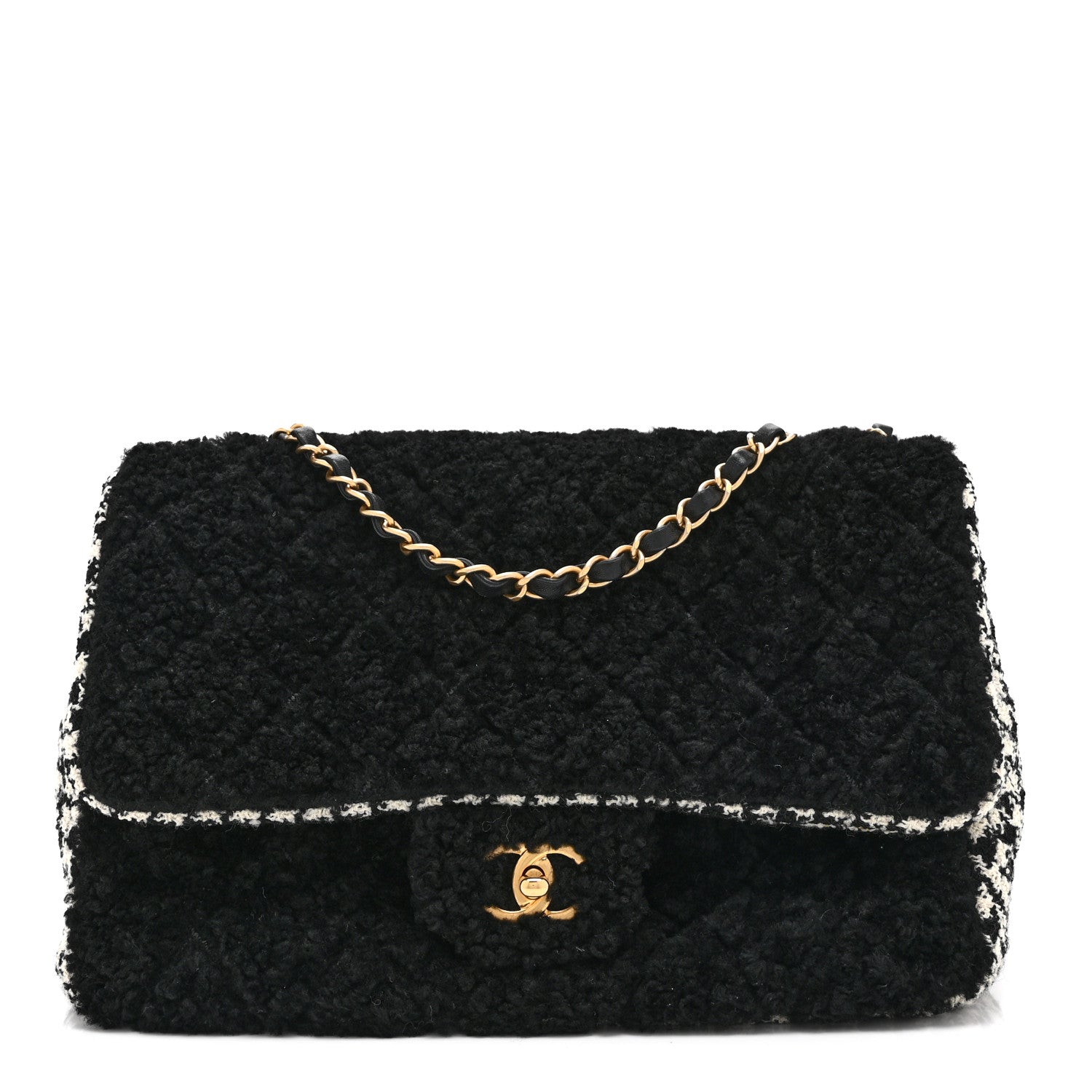 Shearling Tweed Jumbo Single Flap Black White