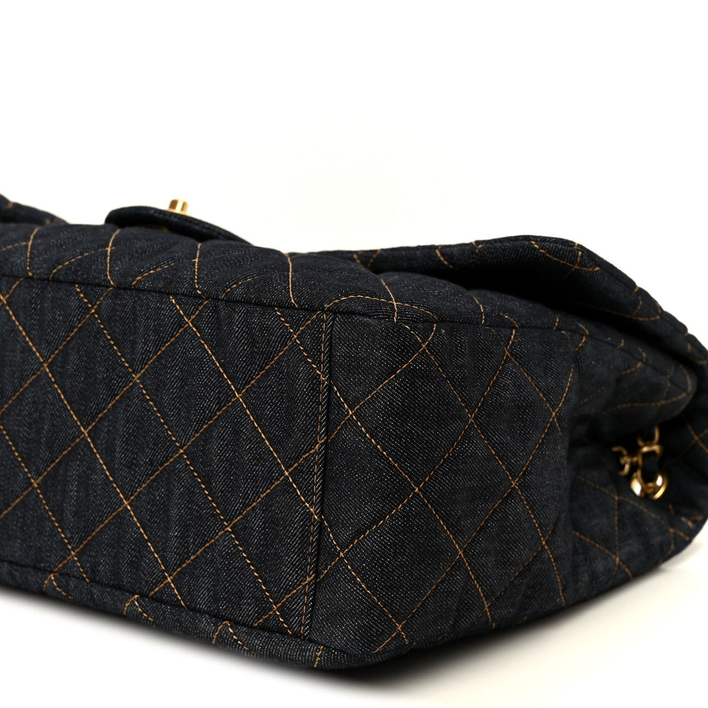 Denim Quilted XXL Travel Flap Bag Dark Blue Orange