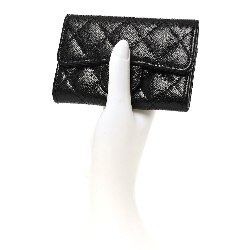 Caviar Quilted Flap Card Holder Wallet Black