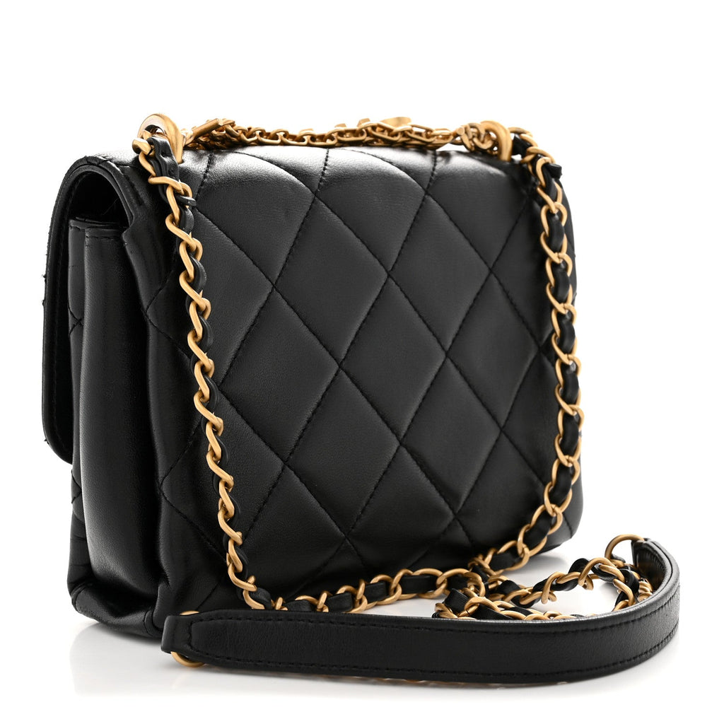 Lambskin Quilted Mini CC Crystal Logo Chain Flap Black