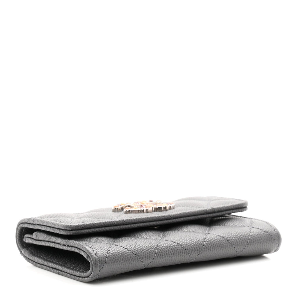 Shiny Caviar Enamel Quilted CC Flap Card Holder Grey