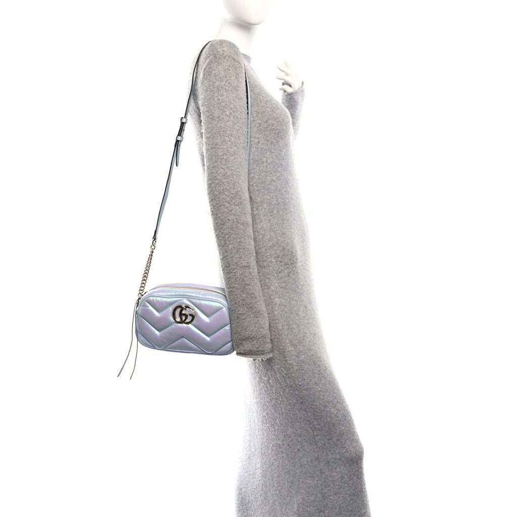 Iridescent Nappa Chevron Matelasse Small GG Marmont Chain Shoulder Bag Iridescent Snow Light Blue