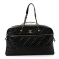 Shiny Grained Calfskin Quilted Large Travel Bowling Bag Black