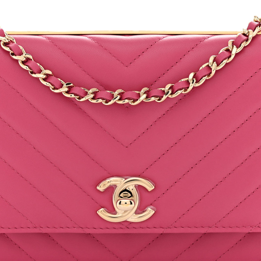 Lambskin Chevron Quilted Trendy CC Wallet On Chain WOC Pink