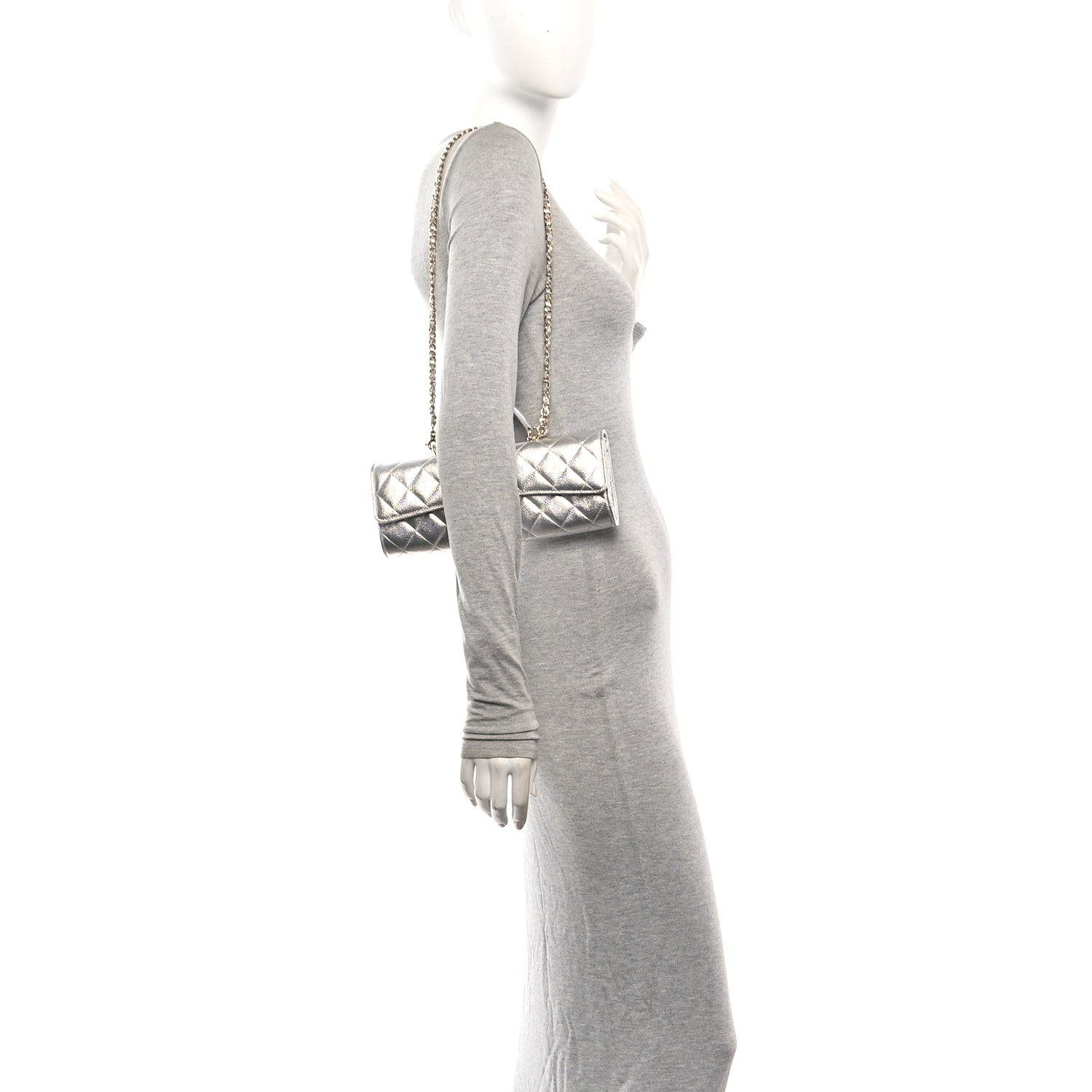 Metallic Caviar Quilted Top Handle Long Clutch With Chain Silver